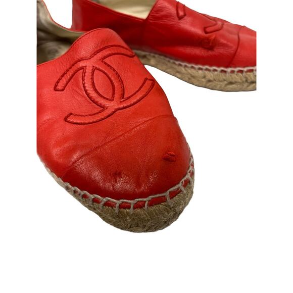 CHANEL Red Lambskin Leather CC Logo Cap Toe Espadrilles Loafers Size 37 US 7 - Picture 7 of 11
